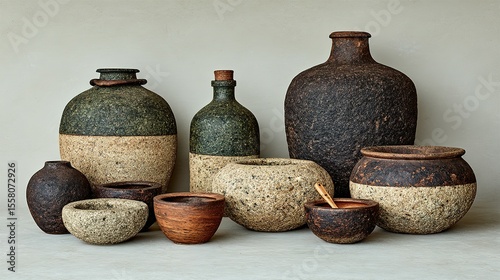 Collection of handcrafted ceramic vessels in muted tones.