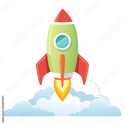 Green and Red Space Rocket Passing Through Clouds - Vector
