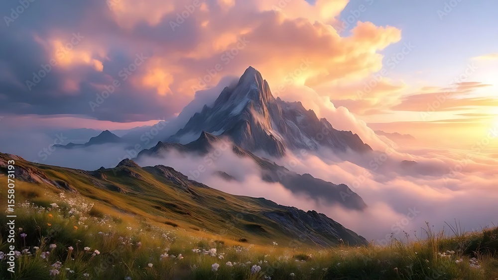 Obraz premium Majestic mountain peak bathed in golden hour light