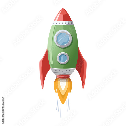 Flying Rocket in Green and Red with White Clouds - Vector Illustration
