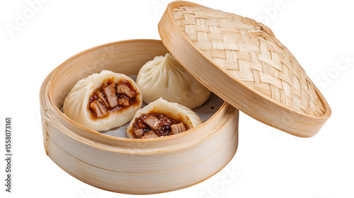 Steamed baozi in bamboo steamer with savory filling, showcasing traditional Chinese cuisine