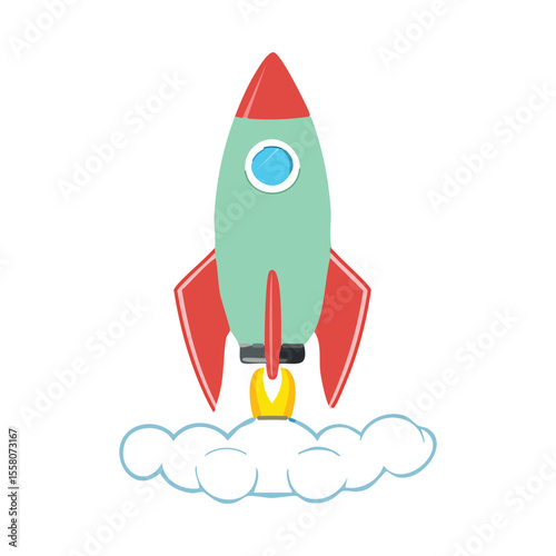 Space Rocket with Green and Red Colors in Clouds - Vector Art
