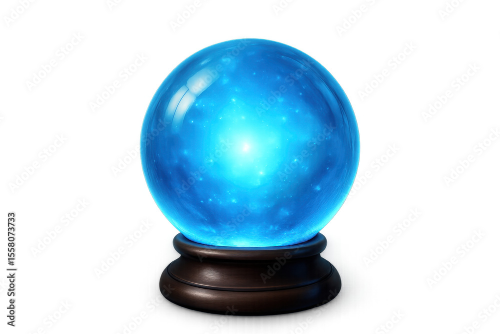 Glass sphere on wooden stand glowing with blue galaxy and universe inside, on transparent background Glass sphere on wooden stand glowing with blue galaxy and universe inside, on transparent background