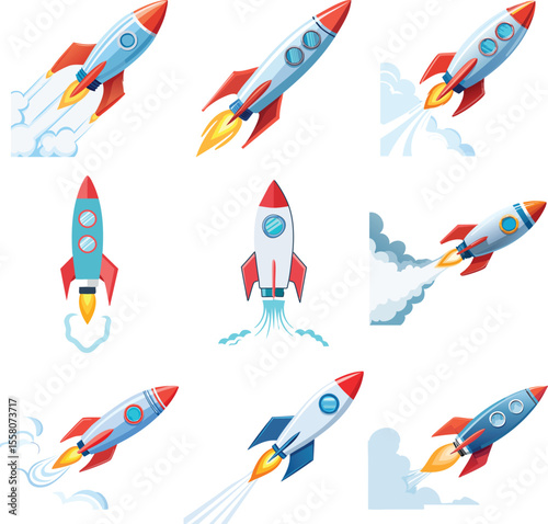 Long Red and Blue Rocket Launching into the Sky - Vector Illustration.