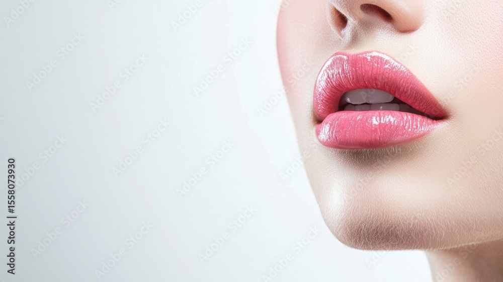 Obraz premium A woman's face with pink lipstick and a white background.