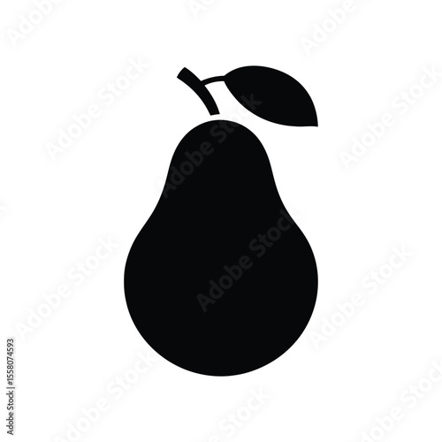 Simple black silhouette of a pear with a single leaf and stem