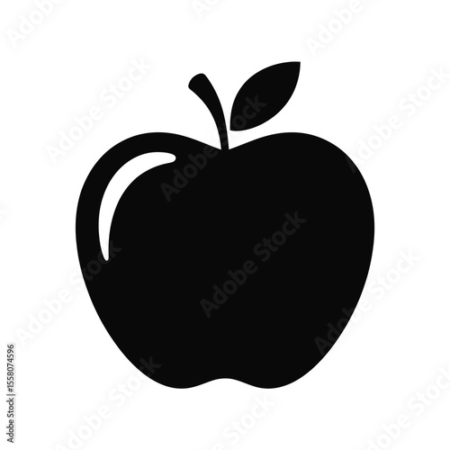 Simple black silhouette of an apple with a stem and leaf on a white background
