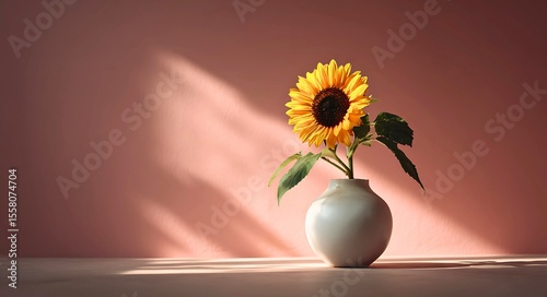A single vibrant yellow sunflower in a white ceramic vase sits on a light colored surface bathed in soft sunlight casting diagonal shadows on a muted pink background