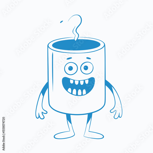 Funny cartoon character of a steaming cup of coffee with arms and legs