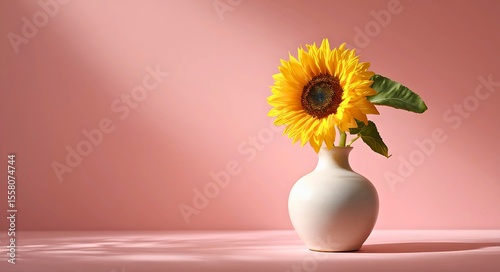 A single bright yellow sunflower in a cream colored vase sits on a pink surface with soft light casting shadows