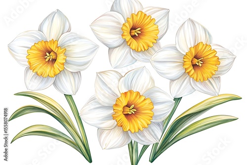 Beautiful White and Yellow Daffodils Flowers with Green Leaves on a White Background