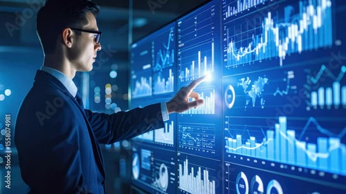 Businessman interacting with large interactive display showing data visualizations
