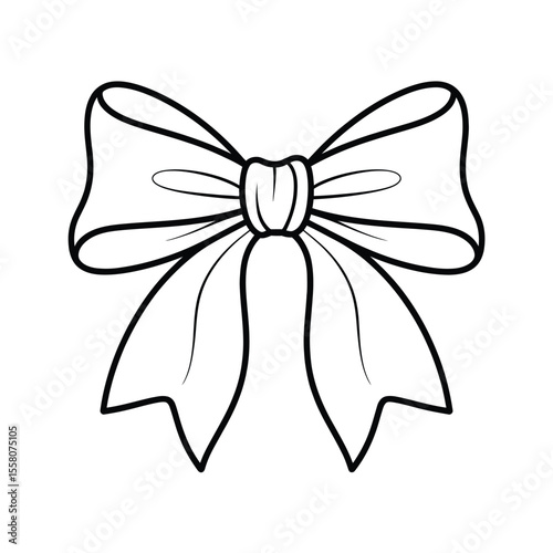 Simple black and white outline of a classic bow with flowing ribbons