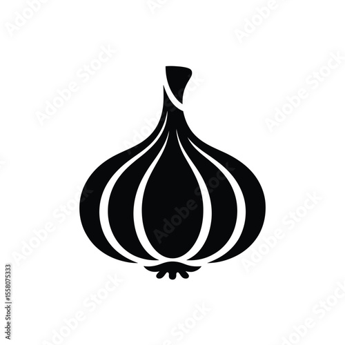Stylized black silhouette of a garlic bulb on a white background
