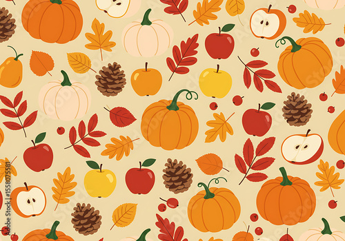 Autumnal Pattern of Pumpkins Apples Leaves and Pinecones on Beige Background.