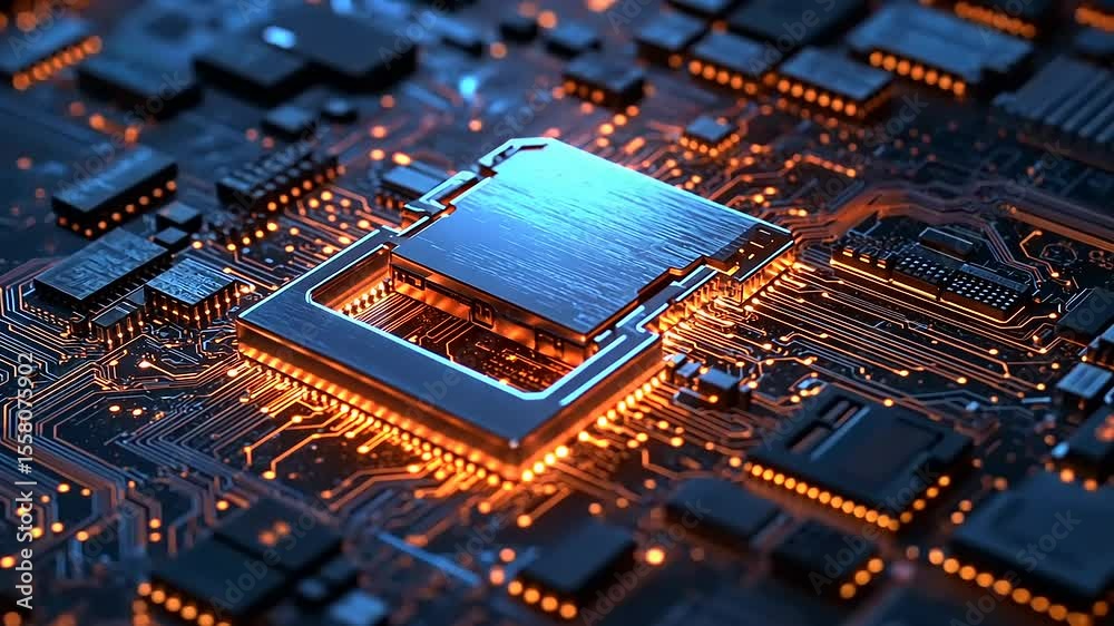 Close-up view of a microprocessor on a circuit board illuminated by glowing orange lights