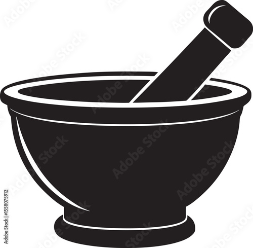 Black silhouette of a mortar and pestle isolated on white background