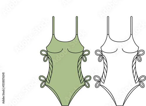 Women's One Piece Swimsuit Flat Sketch Template Design, Stylish Resort Wear, Bow Tie Side Details, Adjustable Straps, Modern Beachwear, Fashion Vector Illustration, Summer Apparel.