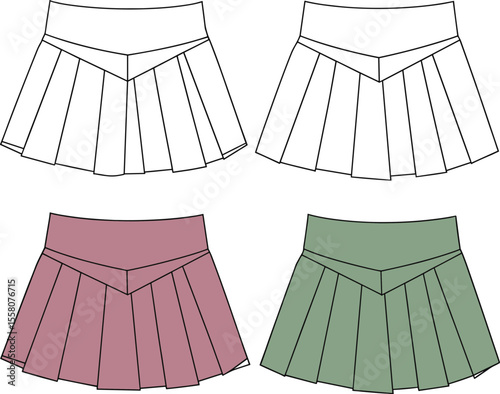 Women's Pleated Mini Skirt Fashion Flat Sketch Template Design, Stylish Sporty Apparel, Tennis Skirt Aesthetic, Modern Athleisure Wear, Vector Illustration, Chic Casual Activewear, Geometric Waistband