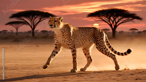 Silhouetted Cheetah Strolling Across Dusty Terrain at Dusk in the African Wilderness