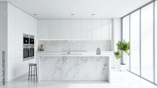 Wallpaper Mural A bright, all-white kitchen with minimalist design, clean lines, and elegant marble countertops Torontodigital.ca