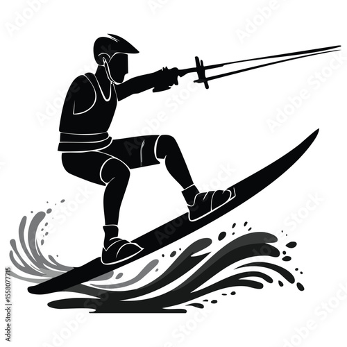 Water Sports Vector: Wakeboarder Jumping Off Speedboat - Silhouette
