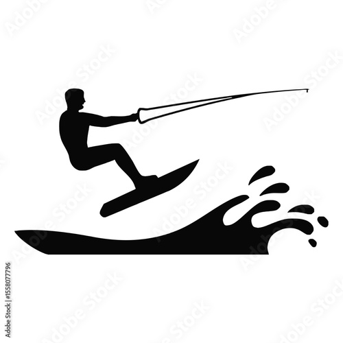 Speedboat with Wakeboarder in Mid-Air - Vector Silhouette
