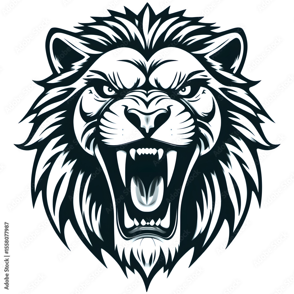 Fototapeta premium Fierce Lion Head Illustration with Open Mouth and Sharp Teeth.