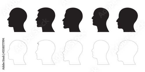 Diverse male head profiles in black silhouette and outline styles