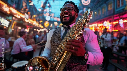 A brass band in traditional attire plays an upbeat oompah tune on a beer tent stage