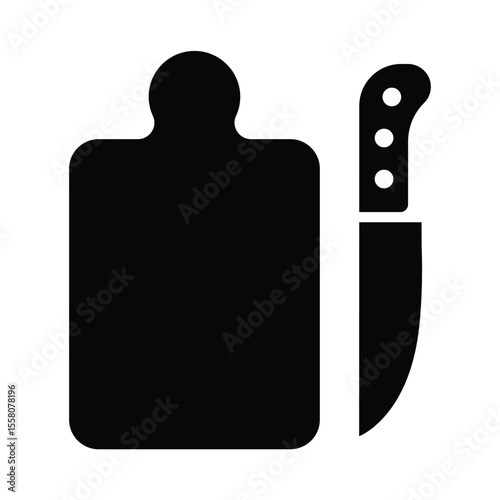 black and white kitchen utensil icon, cutting board and knife icon
