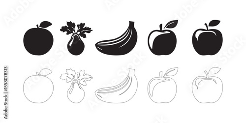 Collection of black and white fruit silhouettes and line art