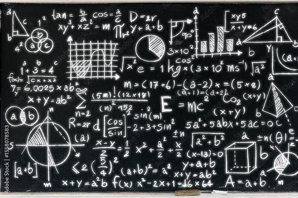 Fototapeta premium Chalkboard filled with complex mathematical formulas, graphs, geometry shapes and scientific equations