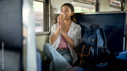 Tableau sur toile Pretty asian woman holding coffee drinking or sipping as sitting on carriage bench at train station