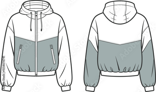 Color block zip up hoodie technical flat sketch, front and back view, drawstring hood, casual jacket template, fashion vector illustration

 flat vector illustration