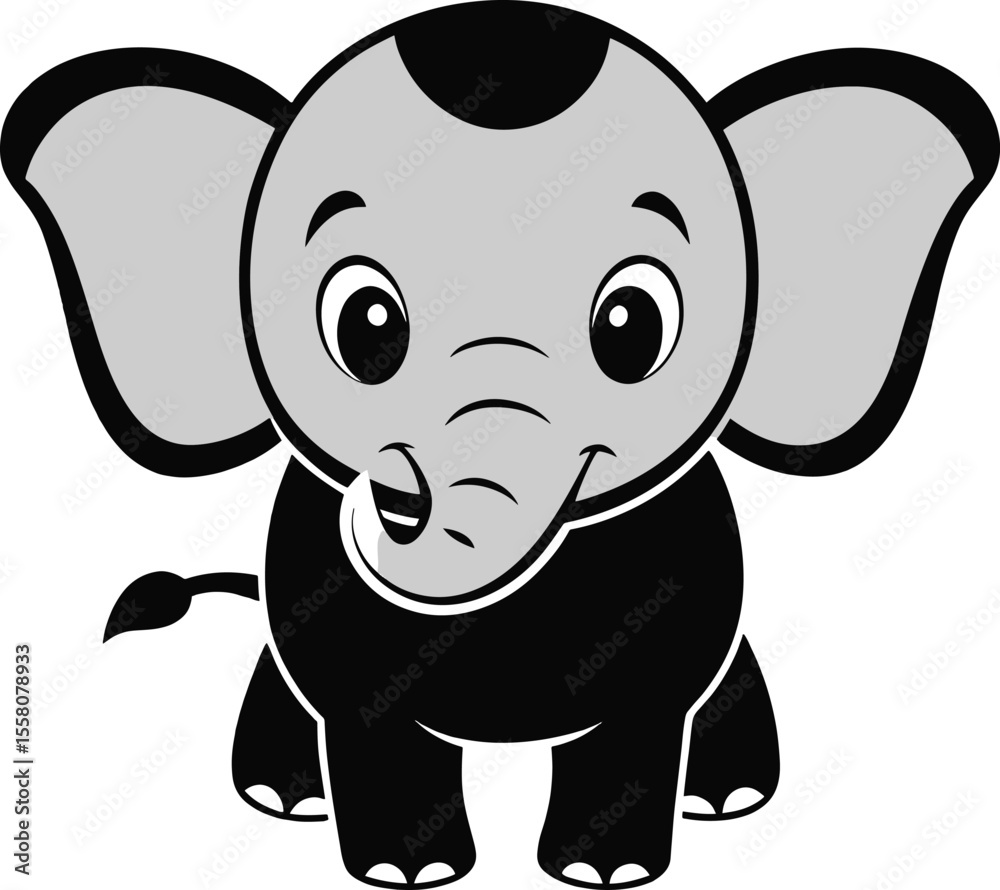 Fototapeta premium Cute cartoon baby elephant silhouette with big ears isolated on white background