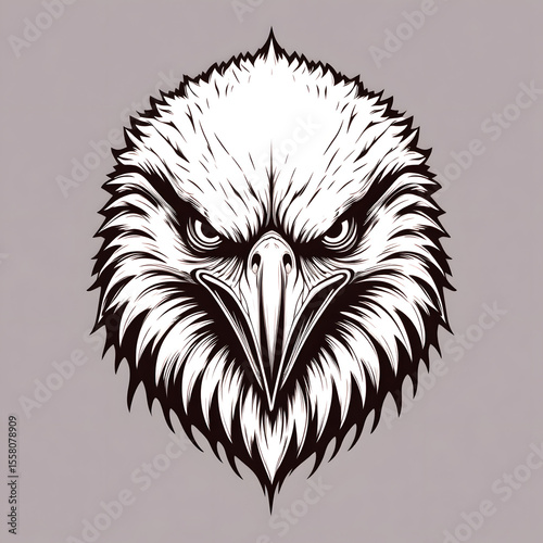 Detailed Black and White Eagle Head Illustration with Intense Stare.