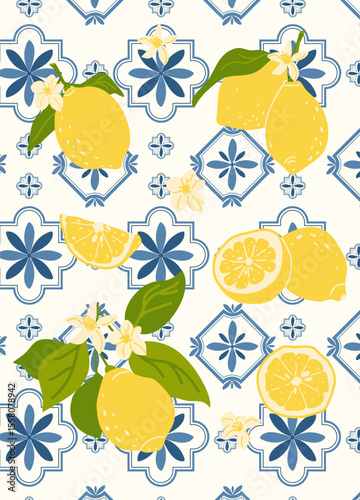 Background with Italian geometric tiles and lemon branches with flowers. Summer wallpaper of the Amalfi Coast. Traditional blue geometric background texture.