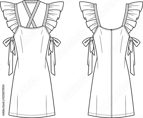  Fashion flat sketch of sleeveless mini dress with ruffle sleeves, bow tie detail, front and back view, technical vector illustration

flat vector illustration