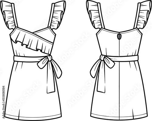 Fashion flat sketch of sleeveless short ruffle dress with waist belt, front and back view, technical clothing drawing for design

 flat vector illustration