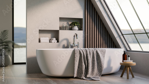 Canvas Print White ceramic tub with towel draped over and body wash on stool table under roof window in bathroom