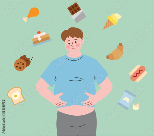 Overweight Man Surrounded by Junk Food