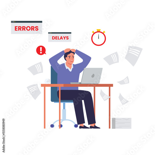 Overload at work. Tired office worker sitting with laptop near documents. Lot of paperwork for clerk. Emotional burnout, delay and error, flat vector illustrations.