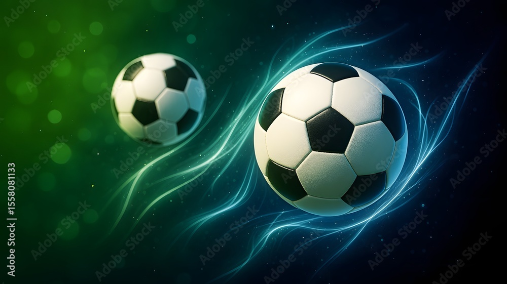 Fototapeta premium Dynamic Soccer Balls with Glowing Trails on a Vibrant Abstract Background for Sports Enthusiasts