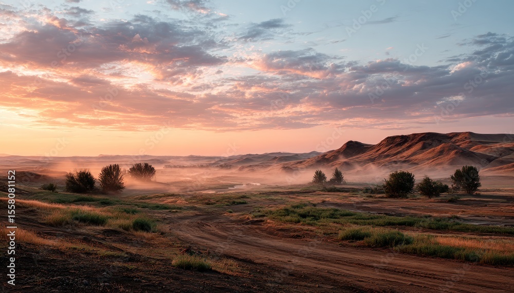 Fototapeta premium Sunrise over a dusty plain
