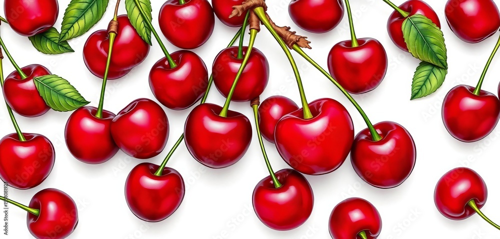 Hand-drawn illustration of juicy red cherries, stems and leaves, on white background, doodle, summer cherry Hand-drawn illustration of juicy red cherries, stems and leaves, on white background, doodle, summer cherry