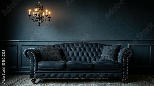 Dark, elegant living room with a tufted sofa and chandelier.