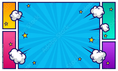 Comic pop art panel background blank space for text with cloud and stars