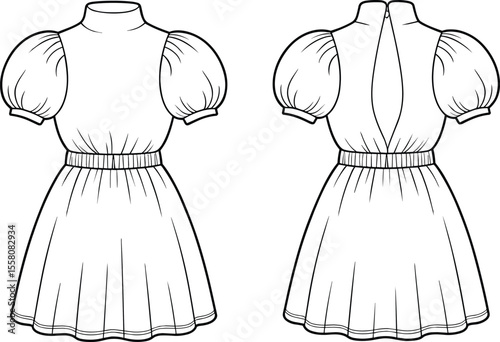 Short puff sleeve dress technical sketch, back keyhole detail, gathered waist, front and back view, fashion flat, vector template

 flat vector illustration