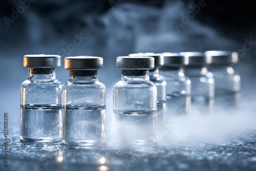 Medical Action Vaccine Vials in Laboratory Setting with Fog and Shadows